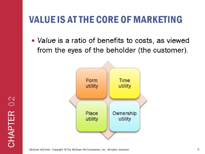 VALUE IS AT THE CORE OF MARKETING Value is a ratio of benefits to